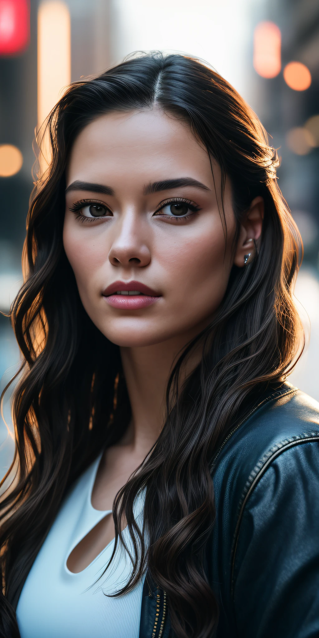 Full face portrait photo of a 25-year-old European girl, RAW, beautiful woman, semi-open strawberry lips, dimples, wistful look, (extra long wavy brown hair), ((detailed face)), ((detailed facial features)), (finely detailed skin), pale skin, (deep neckline detailed high-tech cyberpunk dress), cyberpunk megacity environment, (cool colors), damp, damp, reflections, (masterpiece) (perfect proportion)(realistic photo)(best quality)  (detailed) shot on a Canon EOS R5, 50mm lens, F/2.8, HDR, (8k) (wallpaper) (cinematic lighting) (dramatic lighting) (sharp focus) (intricate), RAW photo, RAW photo, gigachad photo, posing for camera, black jeans, back arms, 8k uhd, dslr, high quality, grain film, Fujifilm XT3, film stock photography 4 kodak portra 400 camera f1.6 lens rich colors hyper realistic texture dramatic lighting unrealengine trend in artstation cinestill  800 tungsten, toughboy style, ultra focus face, intimidating, in fighting position, short messy hair, muscular, bursting veins, beaded