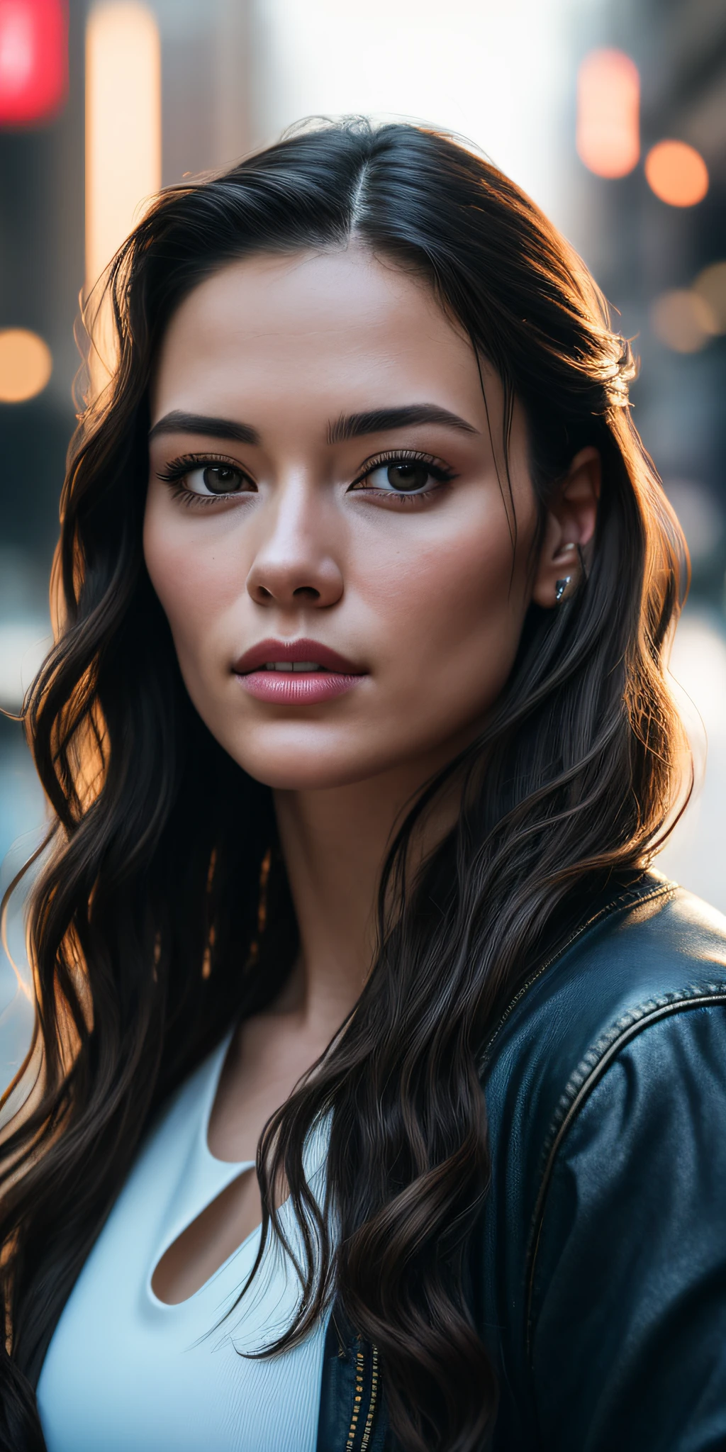 full face portrait photo of a 25-year-old European girl, cru, linda mulher, lábios de morango semiabertos, dimples, olhar melancólico, (cabelo castanho ondulado extra longo), ((detalhado face)), ((detalhado facial features)), (finely detalhado skin), pele pálida, (deep neckline detalhado high-tech cyberpunk dress), ambiente de megacidade cyberpunk, (cores legais), úmido, úmido, reflexões, (Obra de arte) (proporção perfeita)(foto realista)(melhor qualidade)  (detalhado) filmado em uma Canon EOS R5, Lente de 50 mm, f/2.8, hdr, (8K) (papel de parede) (iluminação cinematográfica) (iluminação dramática) (foco nitído) (intricado), cru photo, cru photo, gigachad photo, posando para a câmera, calça preta, braços traseiros, 8K uhd, dslr, alta qualidade, filme de grãos, fujifilm XT3, banco de imagens de filmes 4 câmera kodak portra 400 f1.6 lens rich colors hyper realistic texture iluminação dramática unrealengine trend in artstation cinestill  800 tungsten, estilo durão, Rosto Ultra Foco, intimidador, em posição de combate, cabelo curto bagunçado, muscular, Veias estourando, frisado