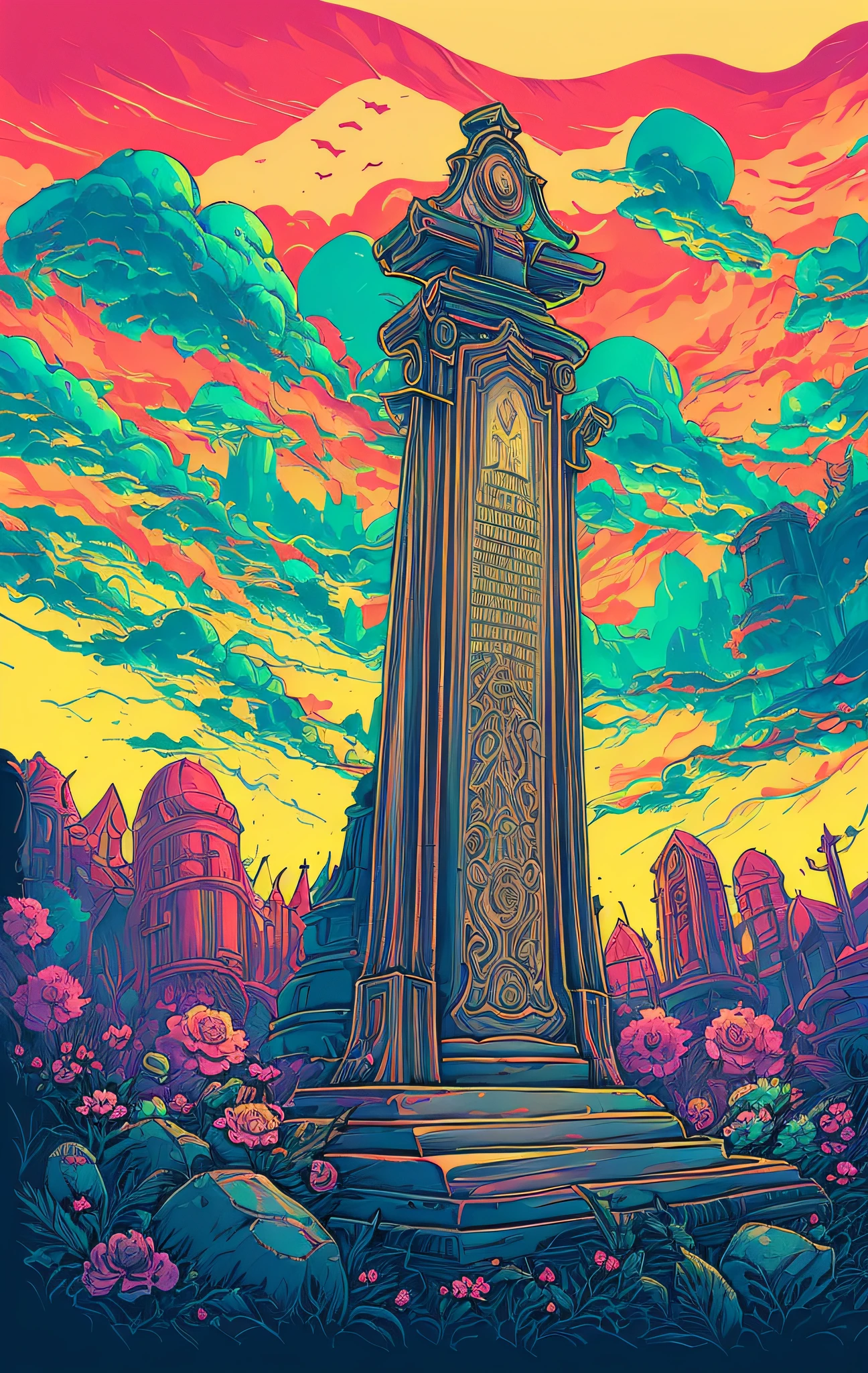 By (dan mumford: 1.4)A detailed illustration of a tombstone, t-shirt design, T-shirt design, in Studio Ghibli style,beautiful and quirky, fantasy art, watercolor effect, bokeh, Adobe Illustrator, hand drawn, digital painting, low-poly, soft lighting, panoramic view, retro aesthetic, character-focused, 4K resolution