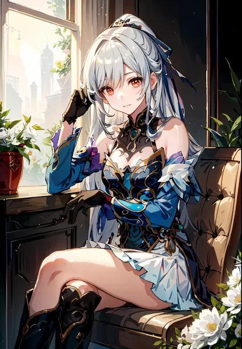 Anime girl sitting on chair with flower pot in hand, cute anime huaifu in beautiful clothes, beautiful and seductive anime woman, epic light novel art cover, 8k high quality detail art, epic light novel cover art, beautiful anime girl, beautiful anime woma...