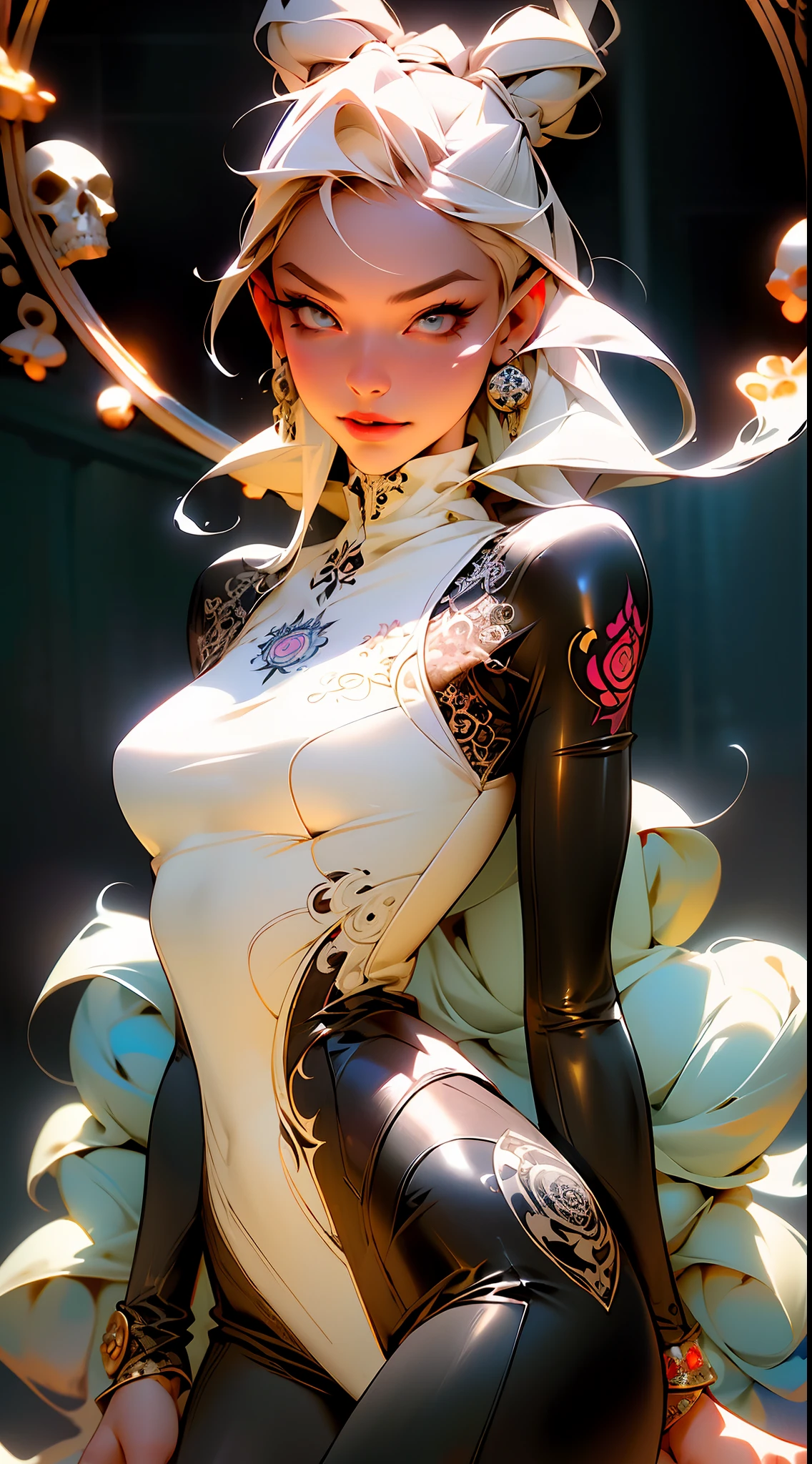 ((best quality)), ((masterpiece)), ((realistic)), (detailed) 1ghotic girl with fluid hair, melt, sexy, lace clothes, tattoos, lots of skulls, mandalas, cinematic, sharp, ray tracing, brightness, luminosity