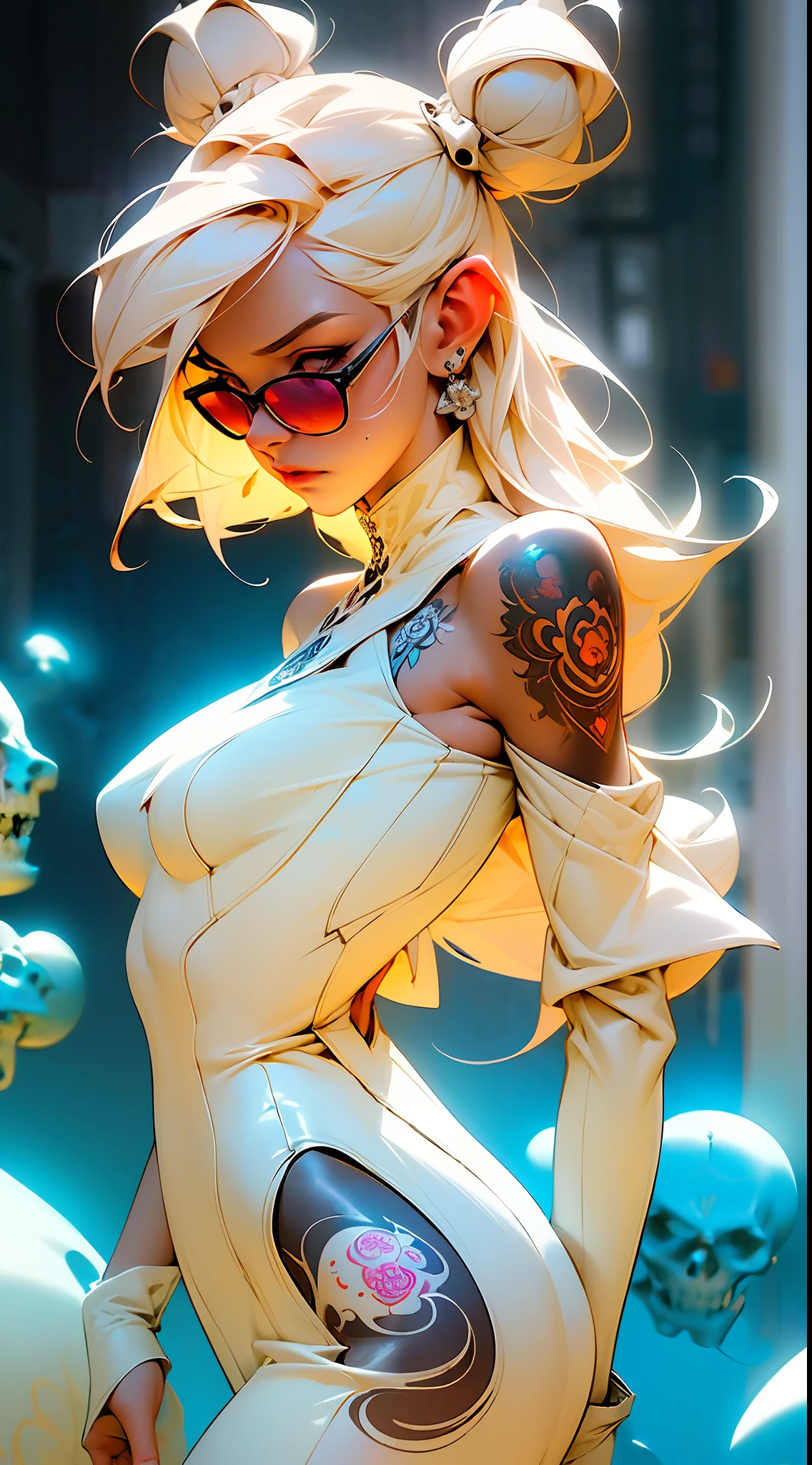 ((best quality)), ((masterpiece)), ((realistic)), (detailed) 1ghotic girl with fluid hair, melt, sexy, lace clothes, tattoos, lots of skulls, mandalas, cinematic, sharp, ray tracing, brightness, luminosity