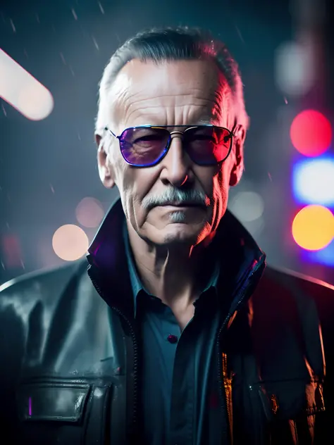Stan Lee from marvel award-winning photo of a man, square jawline, asymmetric face, in rain, angry, red eyes, purple light, 80mm...