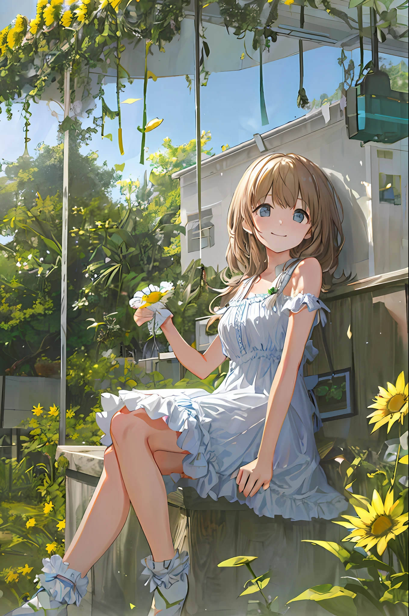 Masterpiece-grade CG, best image quality and detail, photo-level realism (1.4). (1girl), wearing a white dress, slightly exposed shoulders, delicate and shiny skin, smiling, in the garden, surrounded by yellow daisies, slightly raised head to look up at the bright sky, the picture adopts artistic thick painting style, softer luminosity, 4K HD wallpaper, better volumetric cloud effect.
