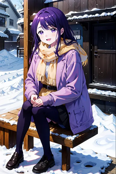 upper body, nagisa kubo, 1girl, scarf, purple hair, snow, purple eyes, outdoors, looking at viewer, snowing, smile, open mouth, ...