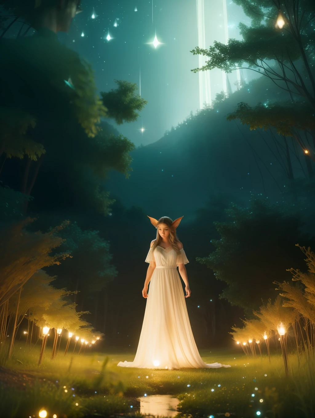 ( 傑作) Create a realistic image of a stunning beautiful 空靈的 elf walking through a field of fireflies, 鏡子, 水面上的萤火虫, 照片, 想知道, 驚愕, 夜晚, 電影般的 lighting, 8K, 夢幻般的, 空靈的, 光核, 電影般的, 數位藝術, 在黑暗中發光, 繁星點點