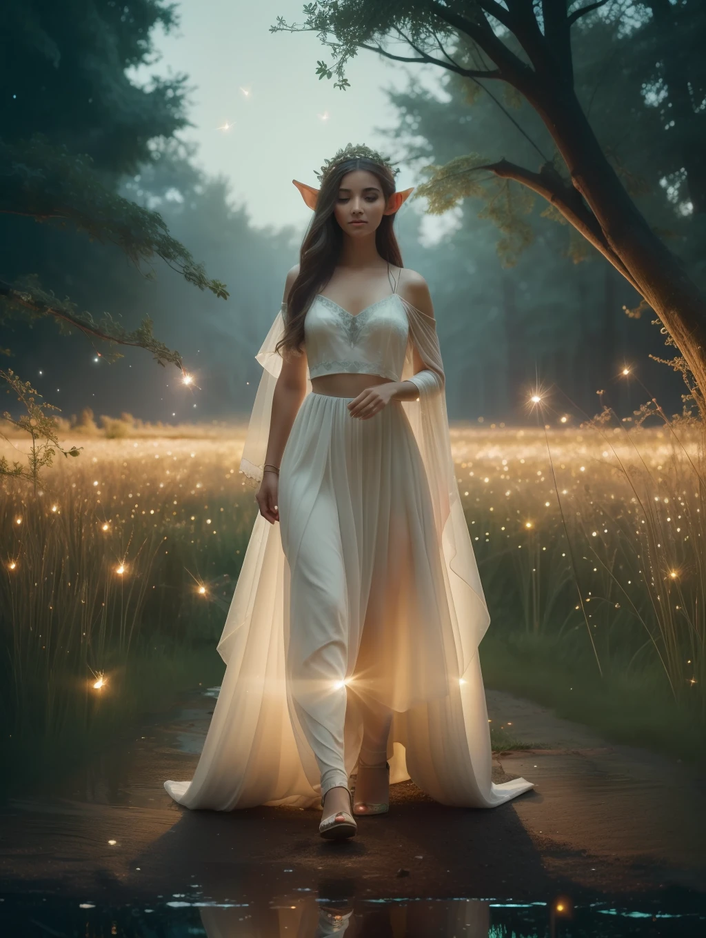 ( Masterpiece) Create a realistic image of a stunning beautiful ethereal elf walking through a field of fireflies, mirrors, fireflies over the water, photograph, wonder, amazement, night, cinematic lighting, 8k, dreamy, ethereal, lightcore, cinematic, digital art, glow in the dark, starry