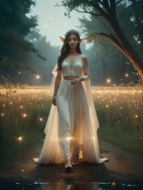( Masterpiece) Create a realistic image of a stunning beautiful ethereal elf walking through a field of fireflies, mirrors, fire...