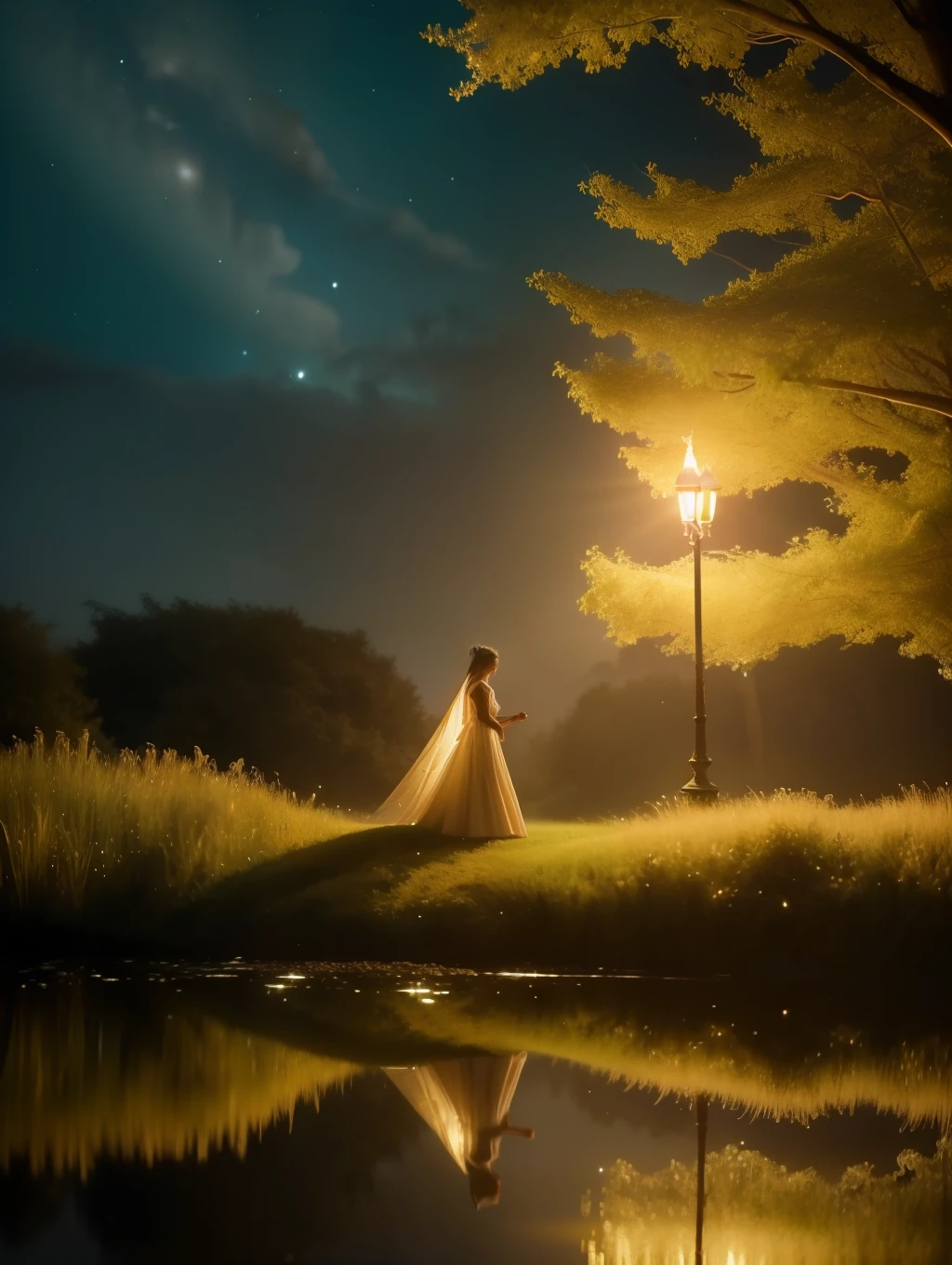 ( Meisterwerk) Create a realistic image of a stunning beautiful Ätherisch elf walking through a field of fireflies, Spiegel, Glühwürmchen über dem Wasser, Foto, wonder, Staunen, Nacht, filmisch lighting, 8k, verträumt, Ätherisch, Lichtkern, filmisch, digital art, Leuchten im Dunkeln, Sternenhimmel