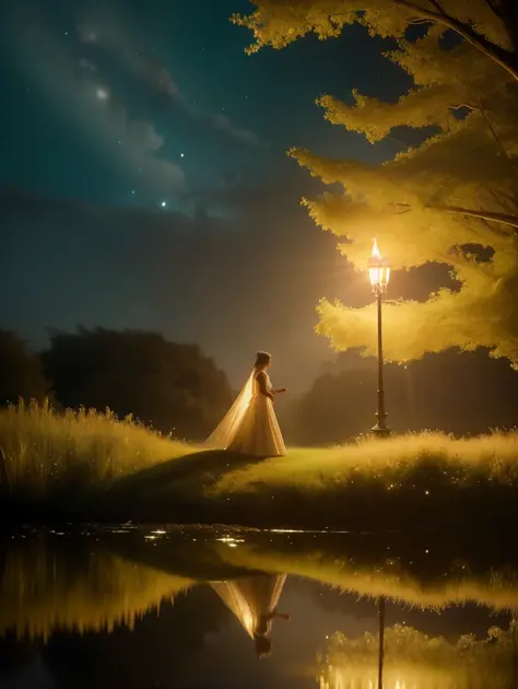 ( masterpiece) create a realistic image of a stunning beautiful ethereal elf walking through a field of fireflies, mirrors, fire...