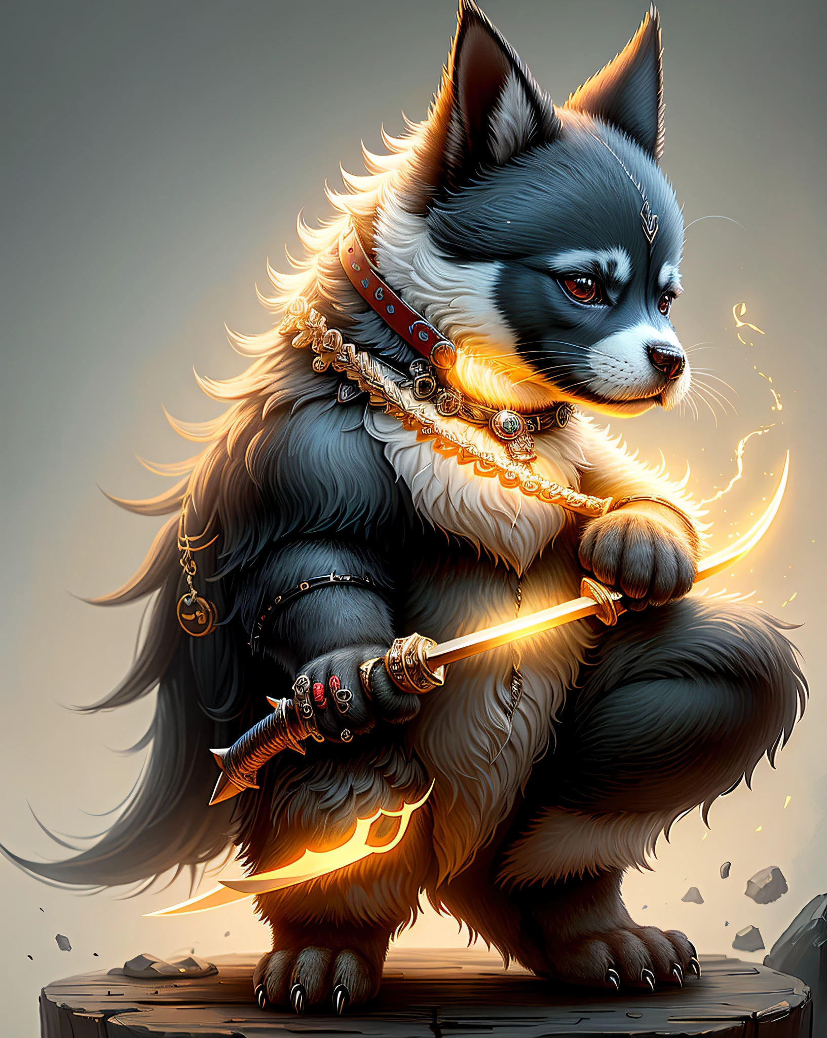 Obra maestra de lindas criaturas., Muy detallado, perro ninja, sosteniendo una espada, de cerca, 8k, cuerpo completo, Motor irreal, Criaturas de fantasía, --a las 6