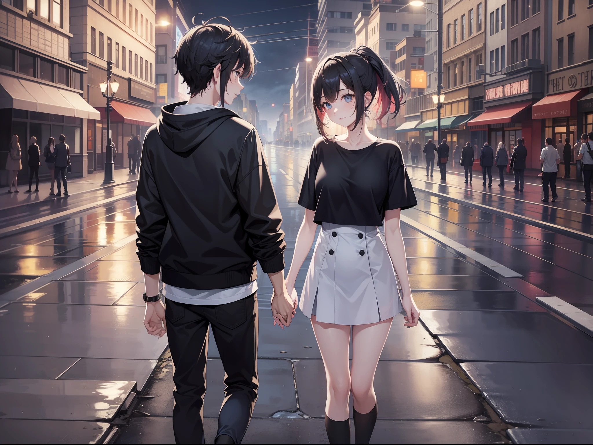 a female and a male, stand and back on to each other, , one side is full of light, one side is dark, rainny, on the street, poddle of water on the road, reflecting, polar opposites, symmetry, panorama, perspective, ray tracing, reflection light, depth of field, masterpiece, best quality, high details, high quality, textured skin, ccurate, UHD, HD