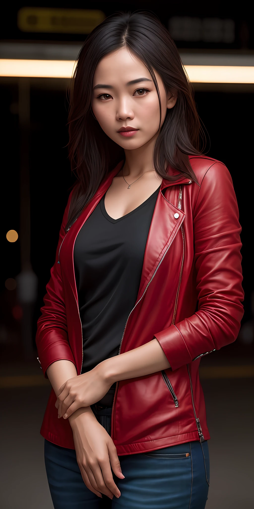 Arafed woman in a red leather jacket posing for a picture - SeaArt AI