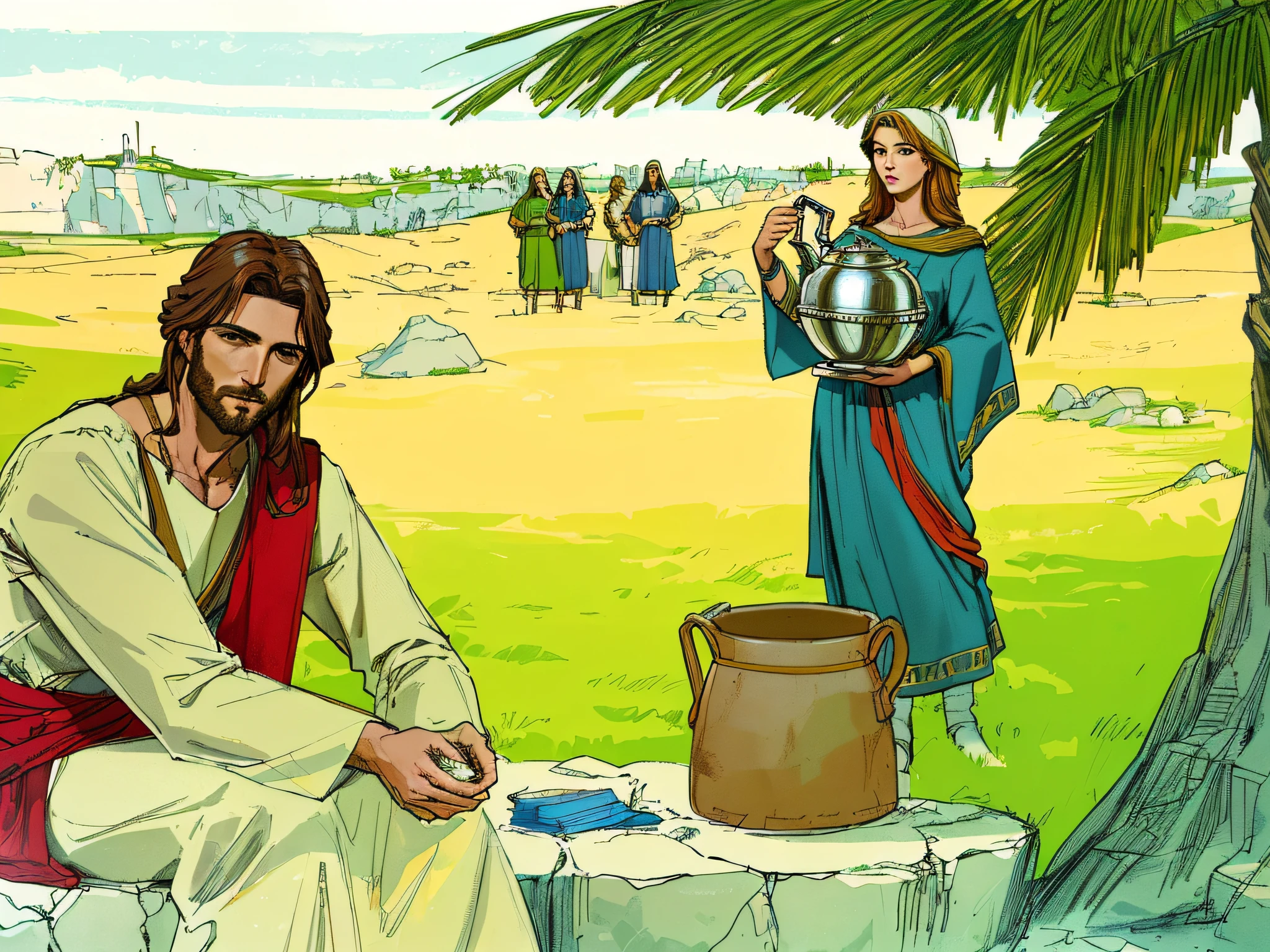 Jesus is sitting on a rock with a pot and a pot of water - SeaArt AI