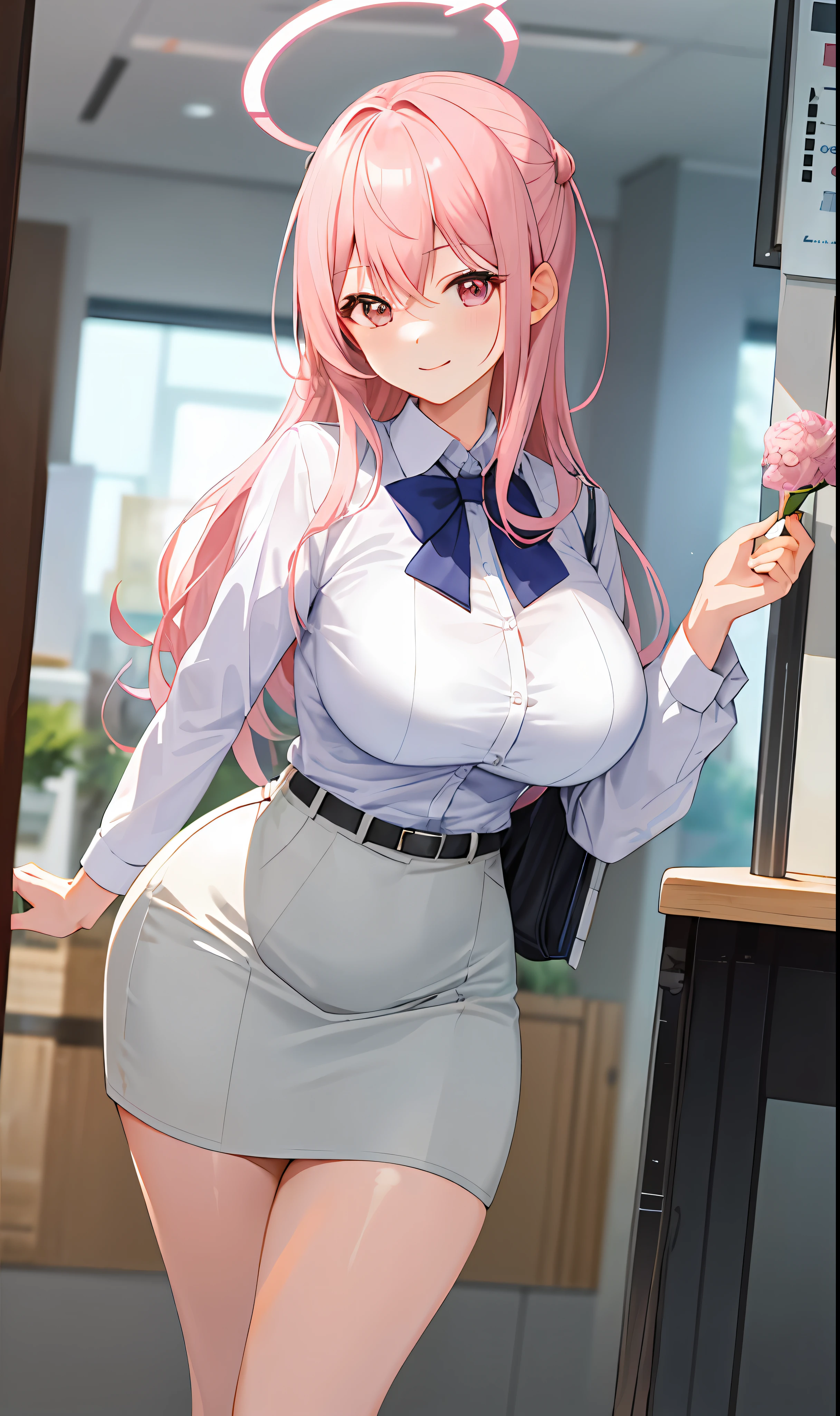 ((masterpiece, best quality)), (1girl),((mature female)), lightpink hair, halo, horn, ((office lady )),bangs,middle breast,(busty),slim,smile, [wide hips],office,standing, aru \(blue archive\),