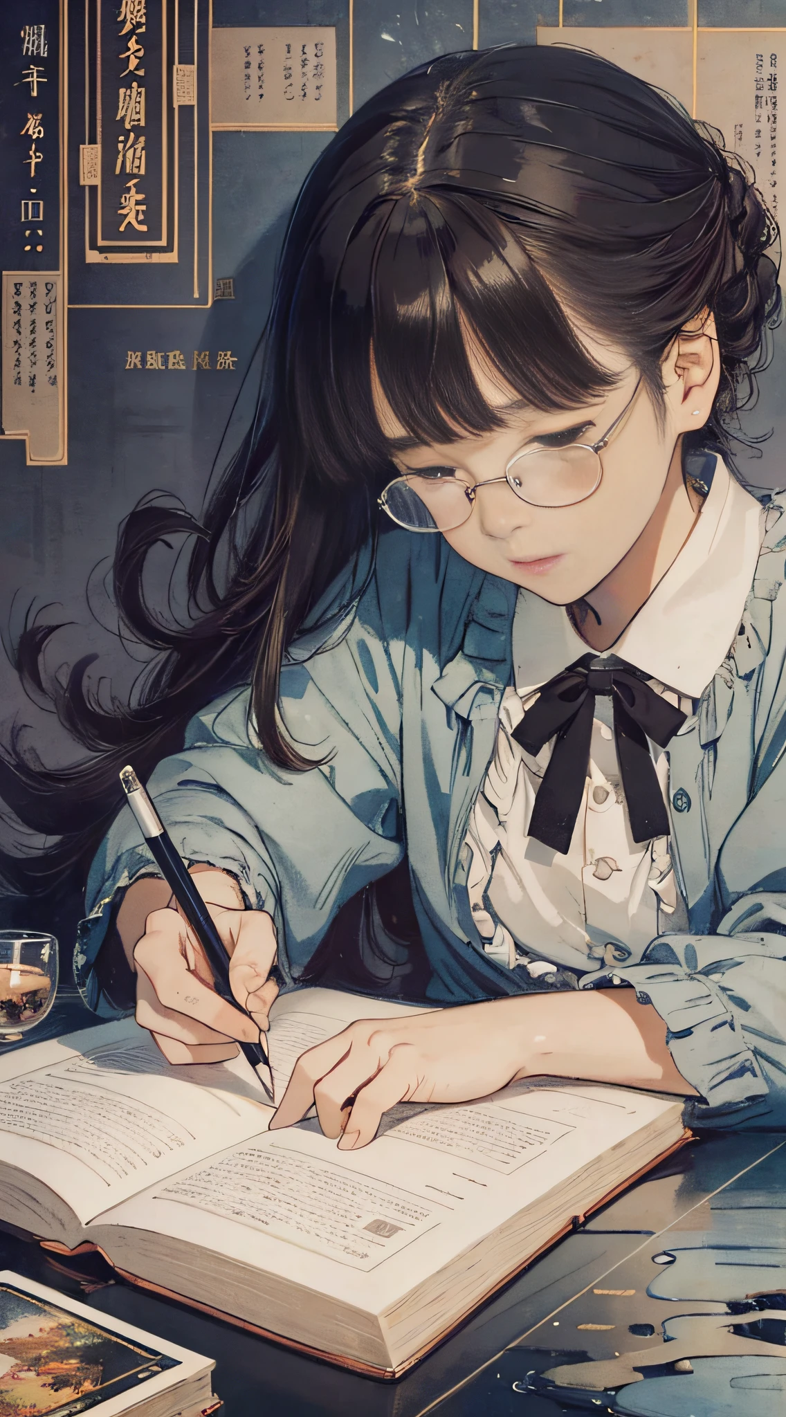 Anime girl writing a book with a pen and glasses on a table - SeaArt AI