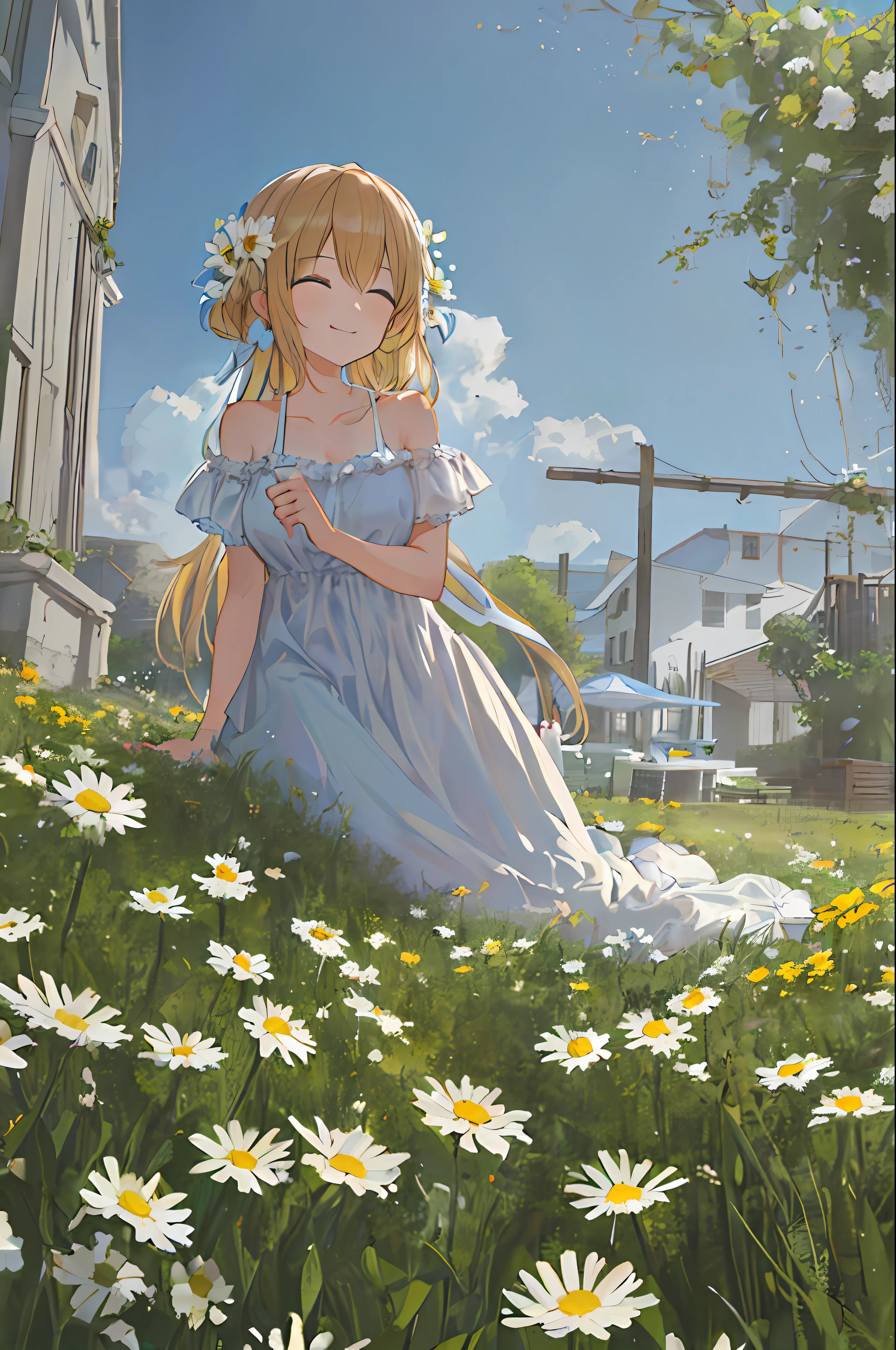 Masterpiece-grade CG, best image quality and detail, photo-level realism (1.4). (1girl), wearing a white dress, slightly exposed shoulders, delicate and shiny skin, smiling, in the garden, surrounded by yellow daisies, slightly raised head to look up at the bright sky, the picture adopts artistic thick painting style, softer luminosity, 4K HD wallpaper, better volumetric cloud effect.