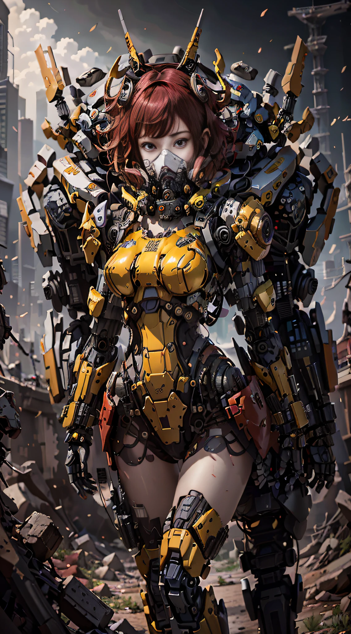 This is a hyper-detailed, high-resolution and top-quality CG Unity 8k wallpaper in cyberpunk style, predominantly red. In the picture, a beautiful girl with red messy short hair appeared, wearing red clothes, delicate face, wearing a steam mecha mask, standing on the ruins, behind her is a huge robot,