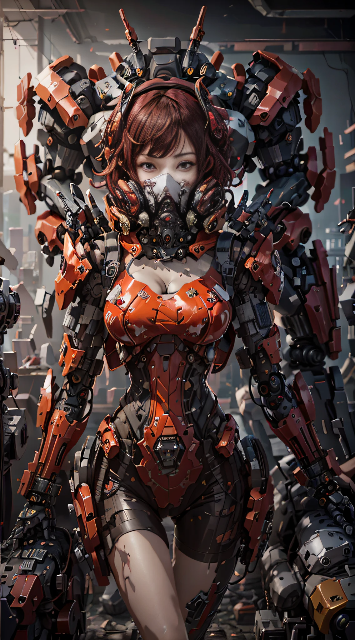 This is a hyper-detailed, high-resolution and top-quality CG Unity 8k wallpaper in cyberpunk style, predominantly red. In the picture, a beautiful girl with red messy short hair appeared, wearing red clothes, delicate face, wearing a steam mecha mask, standing on the ruins, behind her is a huge robot,