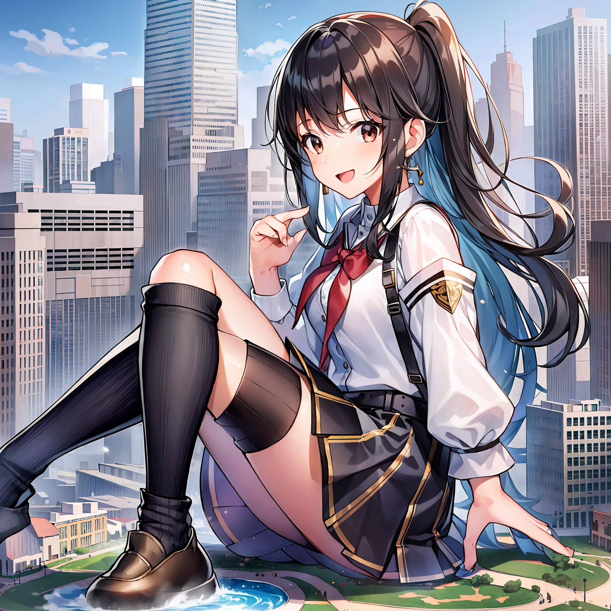 1girl, 15 years old, black hair, brown eyes, (socks:1.4), school uniform, bangs, genuine, highly detailed, happy, smiling, full body, anime girl sitting on a ledge in a city with a cityscape in the background, giantess art!!!