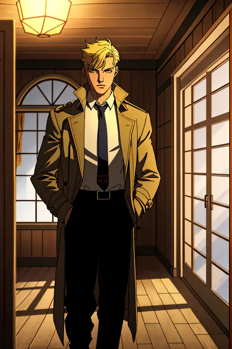 1boy, male focus, Teenager, interior of a cottage, night, solo, blonde hair, necktie, trench coat, coat, white shirt, night, ((m...