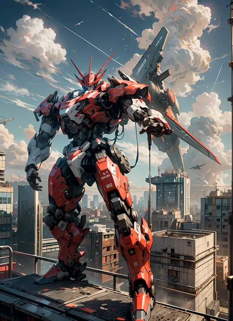masterpiece, best quality, sky, cloud, holding_weapon, glowing, robot, building, glowing_eyes, mecha, science_fiction, city, realistic,mecha, red color, full body, looking into the distance, --s2