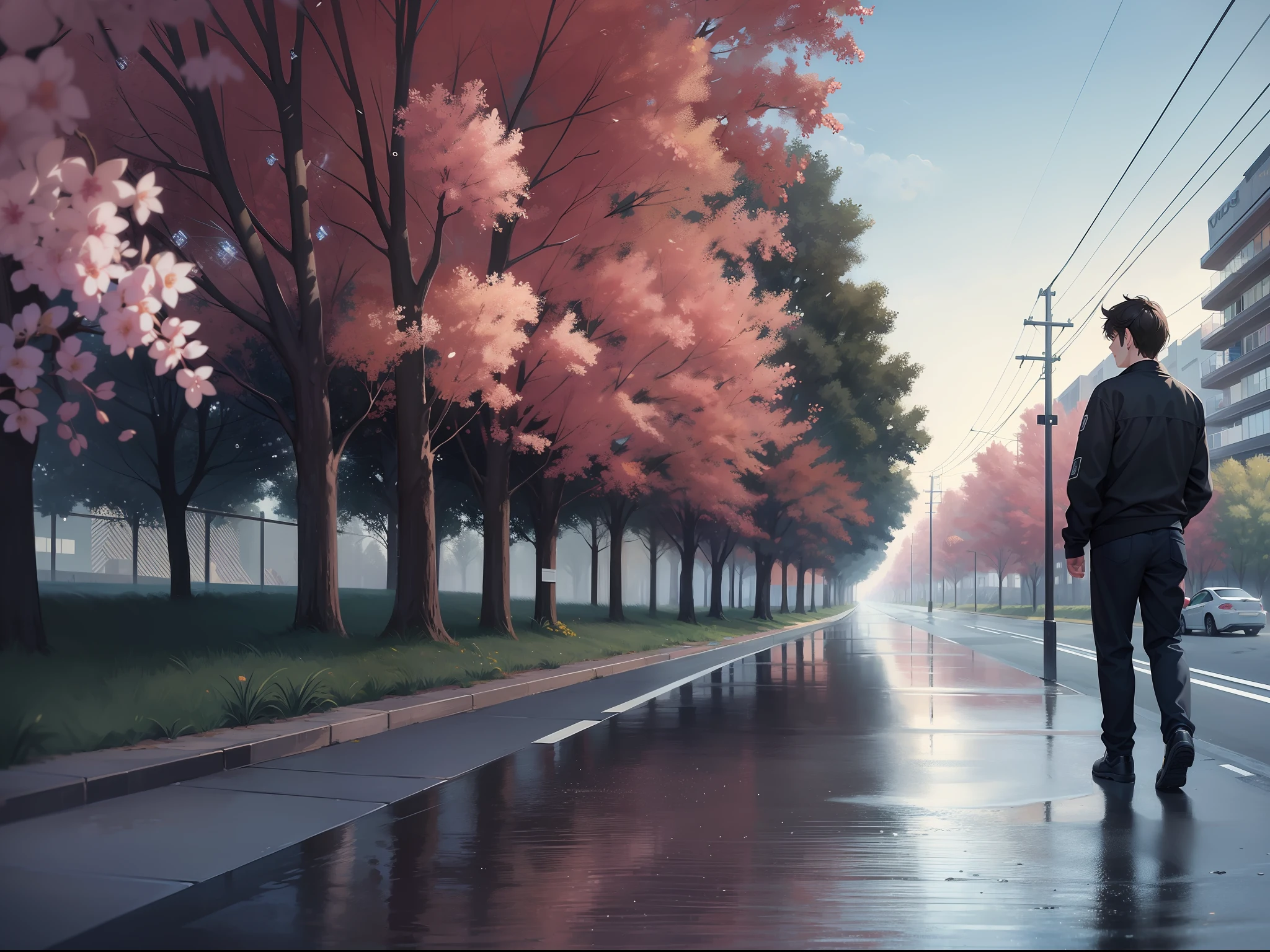 a female and a male, walkword to each other, wearing uniform, , one side is full of light, one side is dark, rainny, around, trees are beside the road, poddle of water on the road, reflecting, clear face, polar opposites, symmetry, panorama, perspective, ray tracing, reflection light, depth of field, masterpiece, best quality, high details, high quality, textured skin, ccurate, UHD, HD