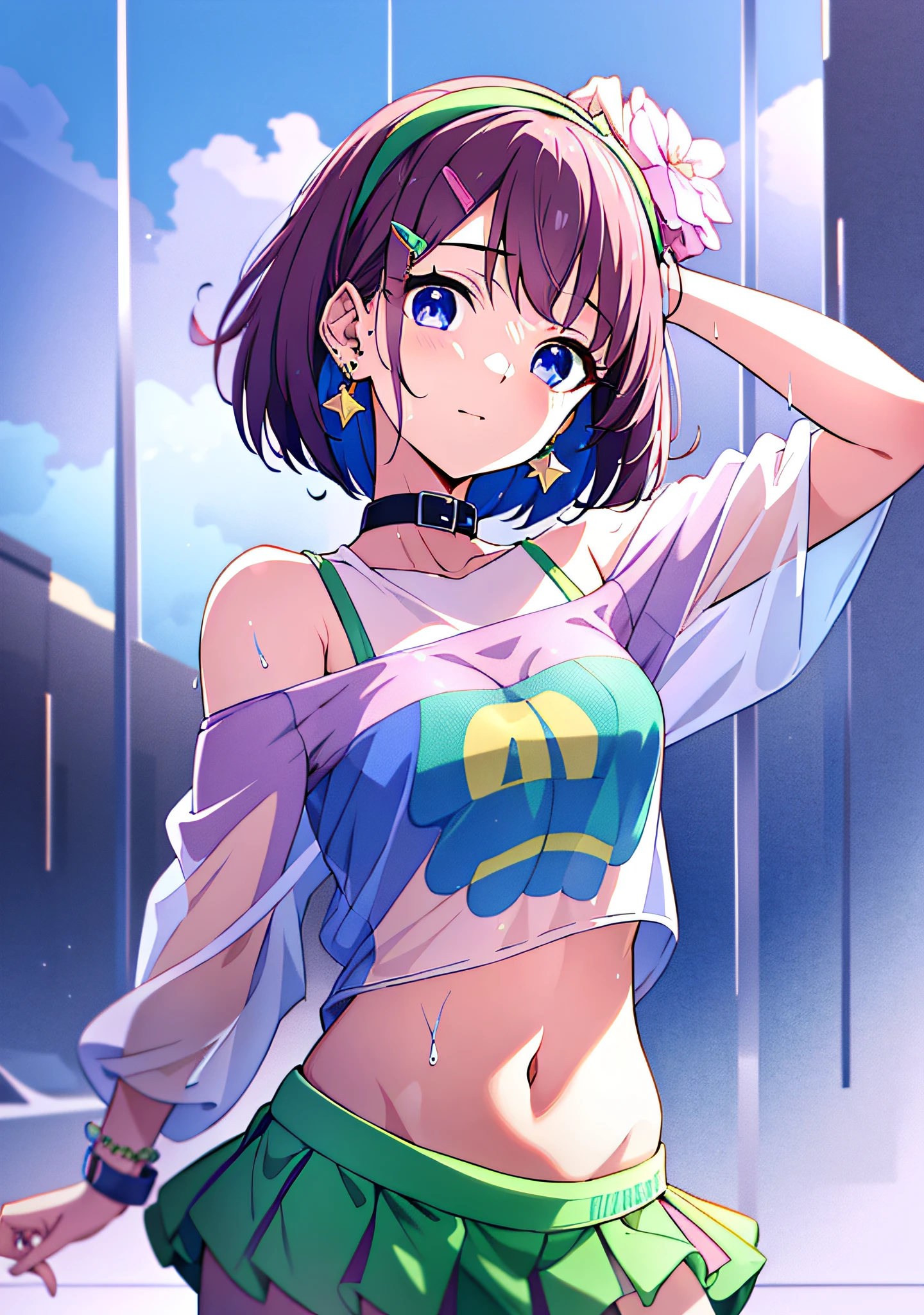 ((masterpiece)), best quality, illustration, extremely detailed, off_shoulder，wet, （see-through_white_colorful_lettered_t-shirt）, purple Bob hair，pink_flower‘s_hairband_and_hairclip,blue_eyes，navel，wrist_cuffs，star drop earrings,pleated_miniskirt,simple background