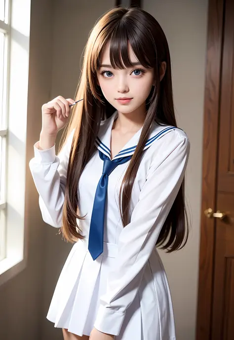 Real photo, bust shot, school uniform, sailor suit, very beautiful 17 year old beautiful girl, little smile, shiny dazzling glos...