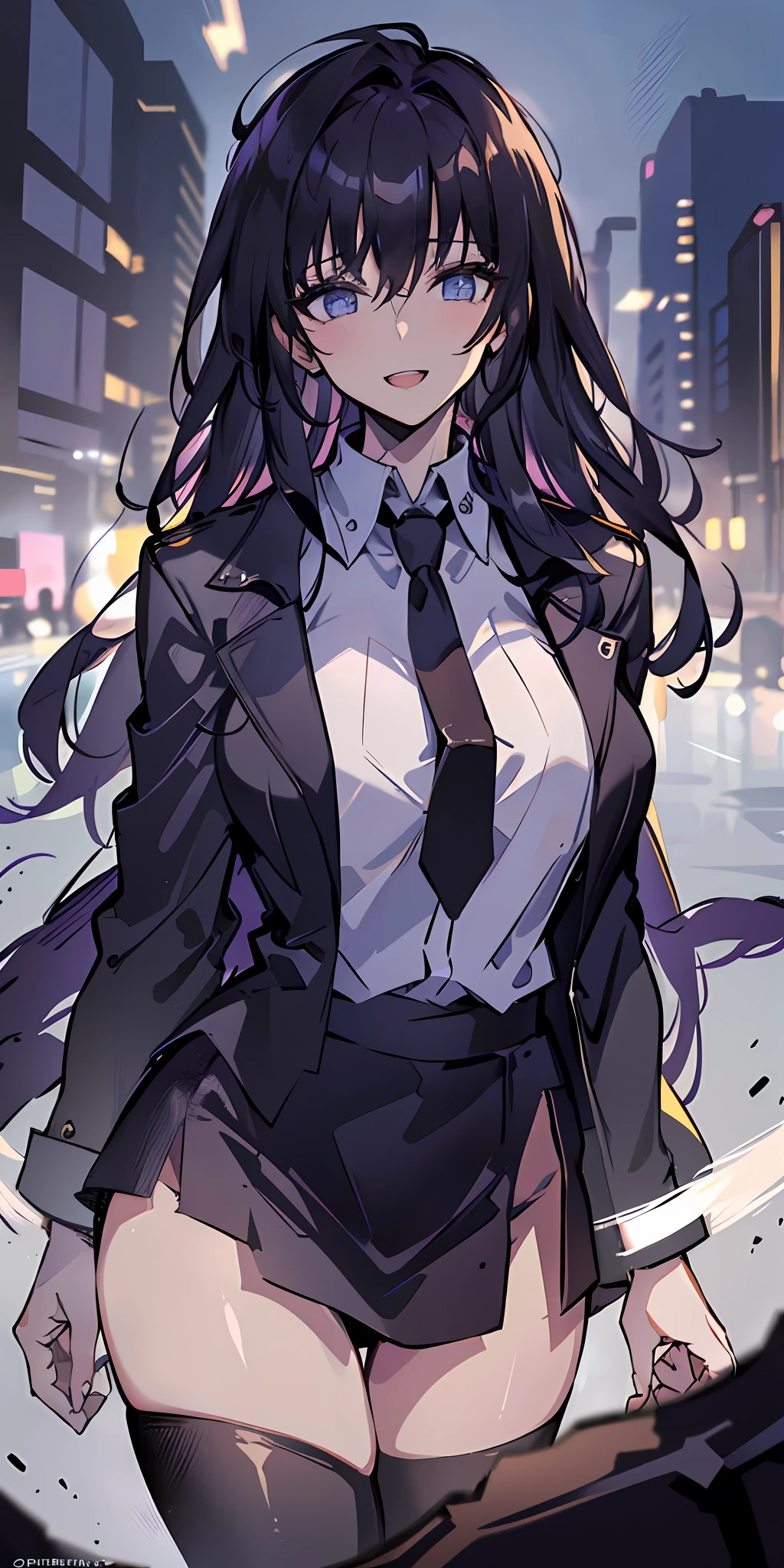 (Masterpiece: 1.6, Best Quality), (Fine and Beautiful Eyes: 1.2), (Overhead), High Quality, Beautiful Face, 1girl, Leather Tight Skirt, Oversized Leather Jacket, Big Tits, Long Hair, Wide Hips, (Landscaped), Street, Background, Detail Background, Spooky Smile, Angled Laughter at the Corners of Mouth, Long Coat, Shirt, Tie, Office Lady,