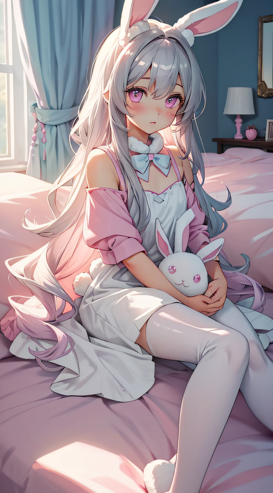 belle illustration, meilleure qualité, jolie fille, chambre à coucher, couleur pastel, oreilles de lapin moelleuses, , cheveux longs argentés, peluche lapin, éclairage lumineux, Yeux rose clair