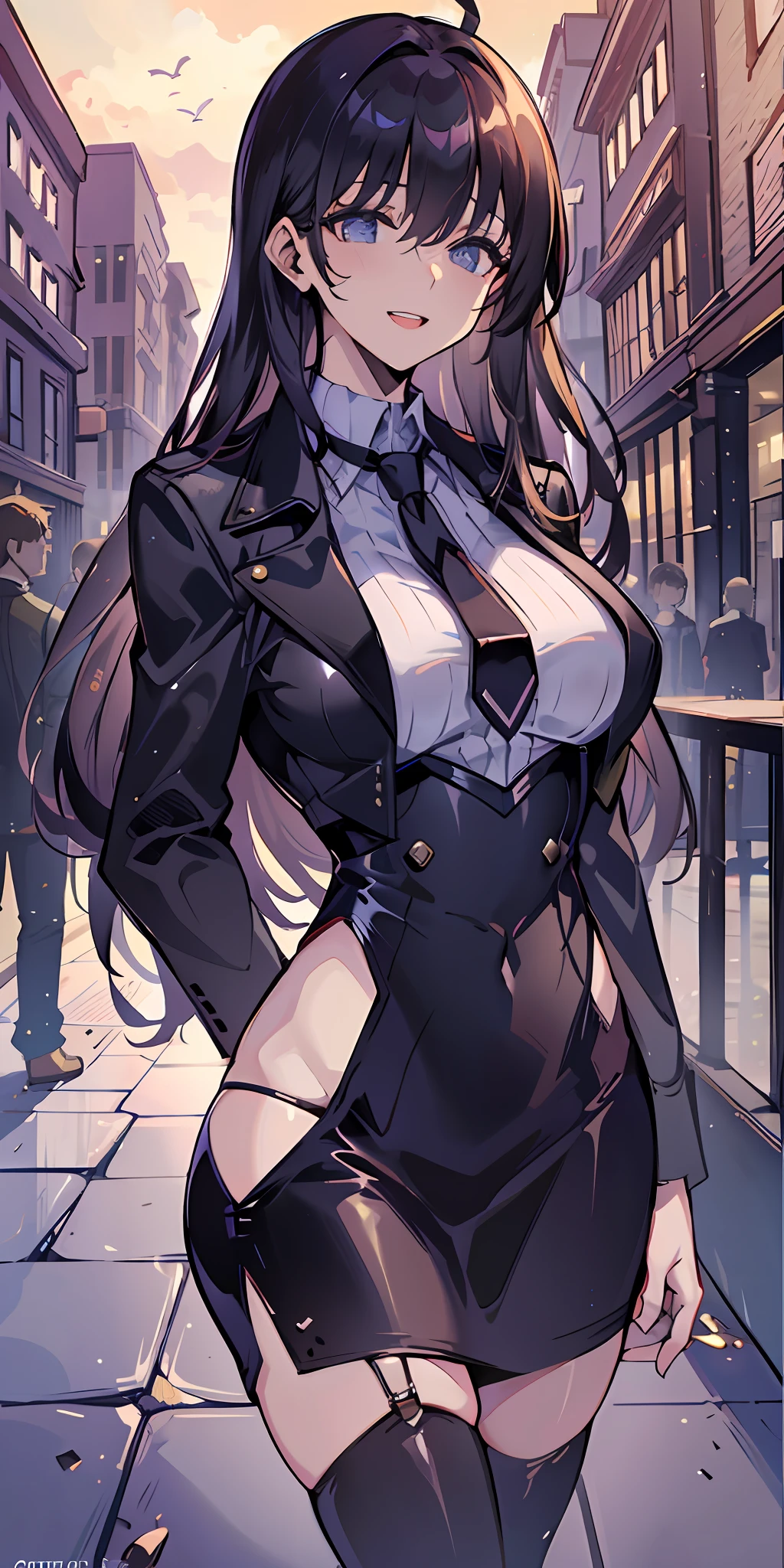 (Masterpiece: 1.6, Best Quality), (Fine and Beautiful Eyes: 1.2), (Overhead), High Quality, Beautiful Face, 1girl, Leather Tight Skirt, Oversized Leather Jacket, Big Tits, Long Hair, Wide Hips, (Landscaped), Street, Background, Detail Background, Spooky Smile, Angled Laughter at the Corners of Mouth, Long Coat, Shirt, Tie, Office Lady,