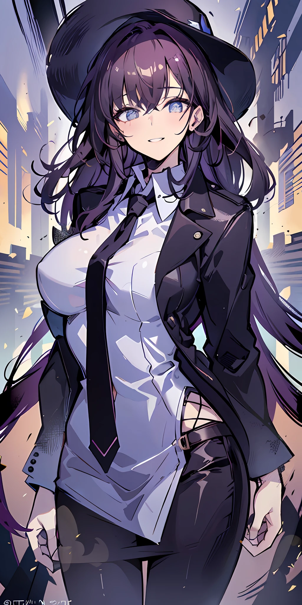 (Masterpiece: 1.6, Best Quality), (Fine and Beautiful Eyes: 1.2), (Overhead), High Quality, Beautiful Face, 1girl, Leather Tight Skirt, Oversized Leather Jacket, Big Tits, Long Hair, Wide Hips, (Landscaped), Street, Background, Detail Background, Spooky Smile, Angled Laughter at the Corners of Mouth, Long Coat, Shirt, Tie, Office Lady,