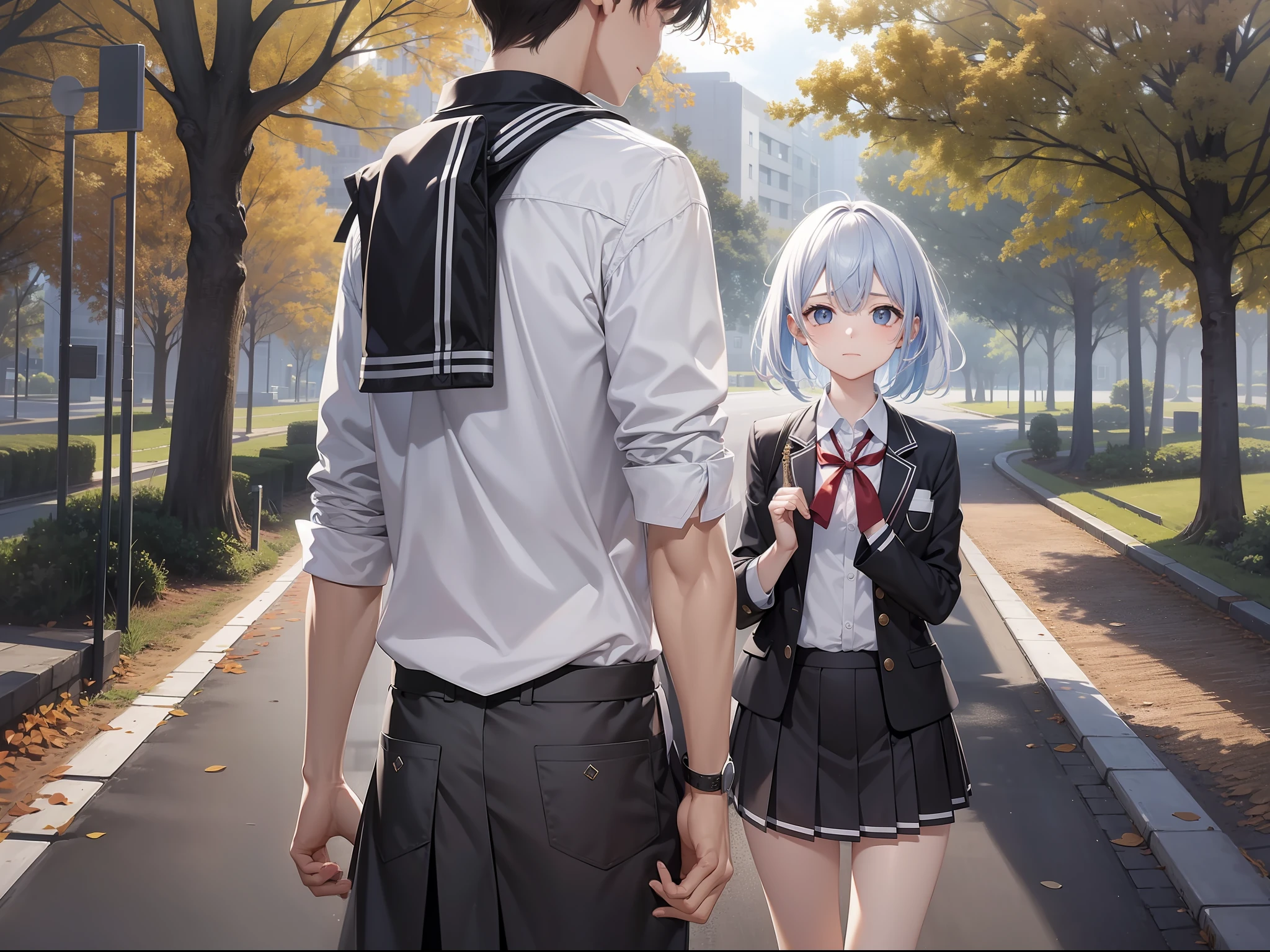 a female and a male, they are two students, wearing school uniform, , one side is full of light, one side is dark, rainny, around, trees are beside the road, poddle of water reflectiing these two people, reflecting, polar opposites, symmetry, panorama, perspective, ray tracing, reflection light, depth of field, masterpiece, best quality, high details, high quality, textured skin, ccurate, UHD, HD