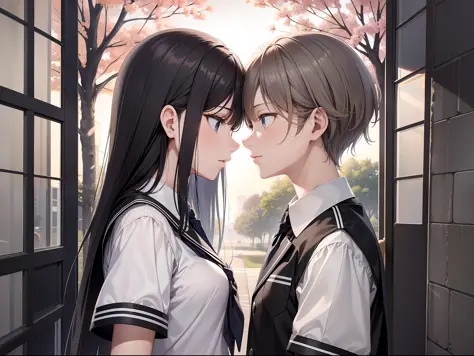 a female and a male, they are two students, wearing school uniform, lonely, one side is full of light, one side is dark, rainny,...