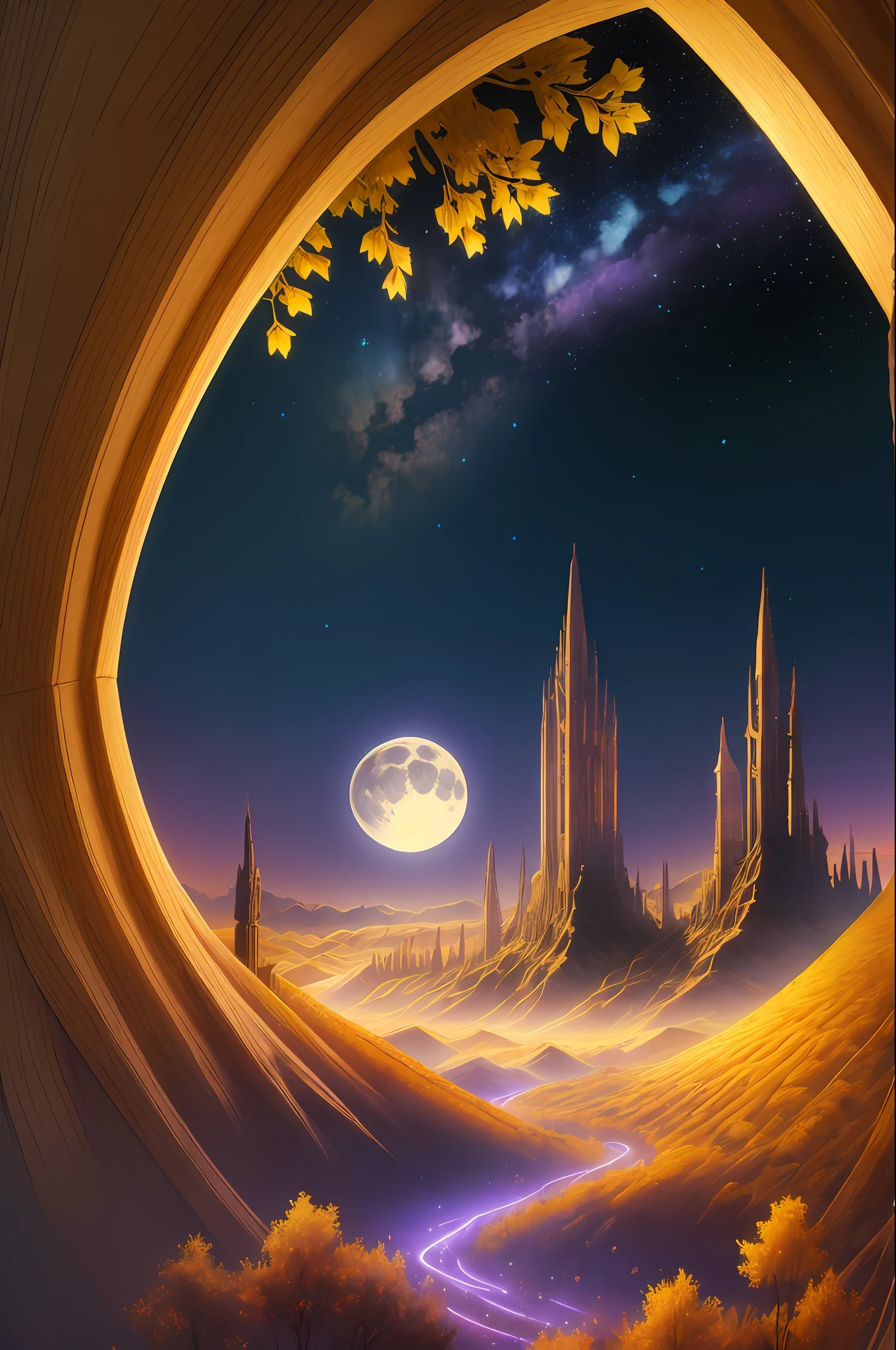 Vast landscape photos, (seen from below, sky above, open fields below), realistic, real, oversized moon background (Full Moon: 1.2), (Meteor: 0.9), (Nebula: 1.3), distant mountains, trees BREAK Making art, (warm light source: 1.2), (Firefly: 1.2), lamps, lots of purple and orange, intricate details, volumetric lighting, realism BREAK (Masterpiece: 1.2), (Best Quality), 4K, Ultra-Detailed, (Dynamic Composition: 1.4), Very Detailed, Rich in Detail, (Iridescent Color: 1.2), (Glow, Atmospheric Illumination), Dreamy, Magical, (Solo: 1.2),, paper_cut, Fantasy, Simple Background, No Man, Starry Sky, Vincent van Gogh \ (Style\), Trees, Village, Wheat Field,