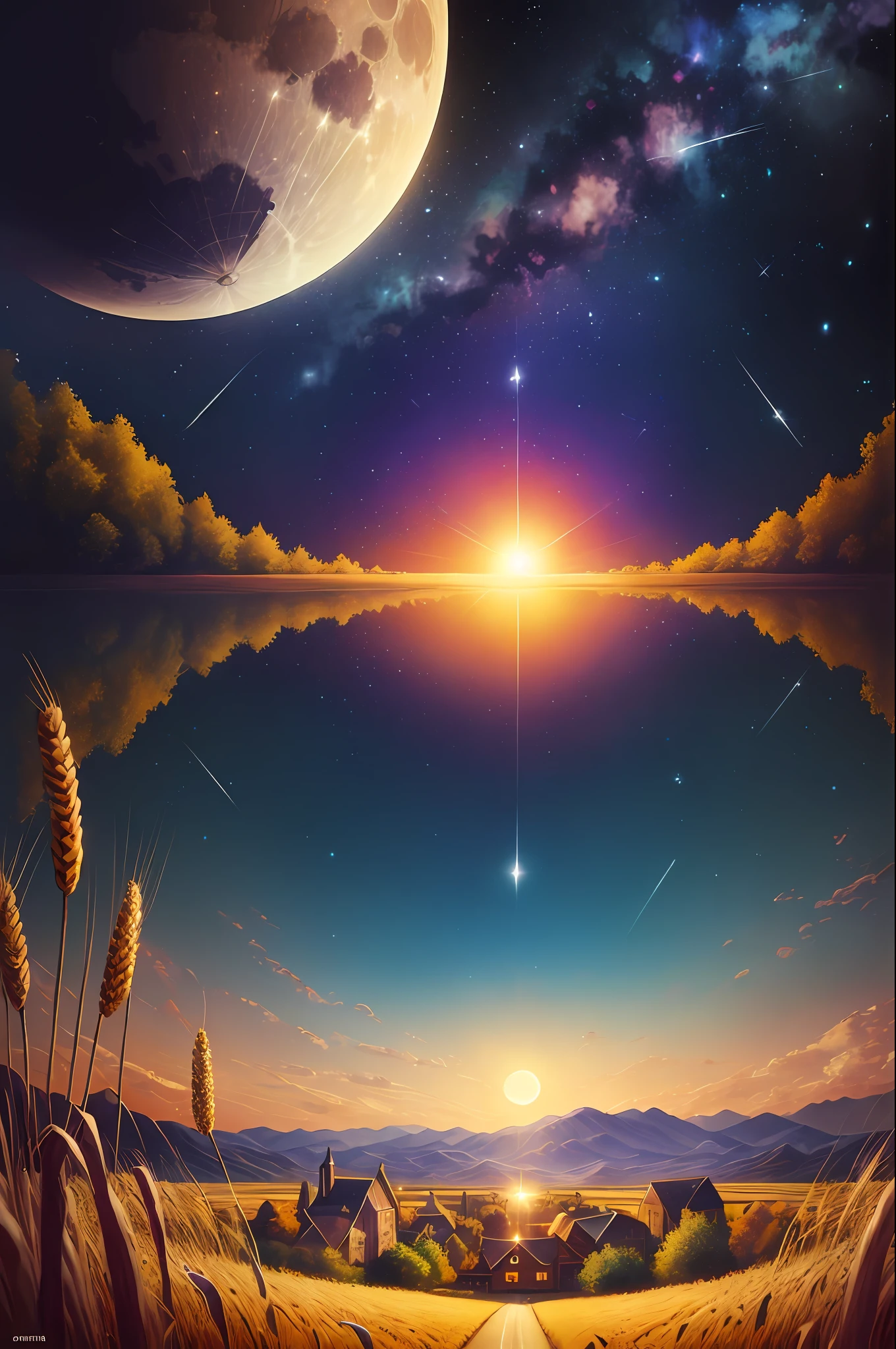Огромные пейзажные фотографии, (видно снизу, небо выше, открытые поля ниже), настоящийistic, настоящий, Огромный лунный фон (полнолуние: 1.2), (метеор: 0.9), (туманность: 1.3), далекие горы, деревья BREAK Создание искусства, (источник теплого света: 1.2), (Светляк: 1.2), Лампы, много фиолетового и оранжевого, сложные детали, объемное освещение, настоящийism BREAK (шедевр: 1.2), (Лучшее качество), 4k, ультрадетализированный, (динамическая композиция: 1.4), Очень подробно, богатый деталями, (Радужный цвет: 1.2), (Светиться, Атмосферное освещение), мечтательный, волшебный, (Один: 1.2),, бумага_резать, Фантазия, простой фон, Нет Человека, звездное небо, Винсент Ван Гог \ (стиль\), деревья, деревня, Пшеничное поле,