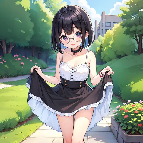 junior high school girl, park, one girl, sleeveless dress, small breasts, short hair, black hair, glasses, collar, standing up s...