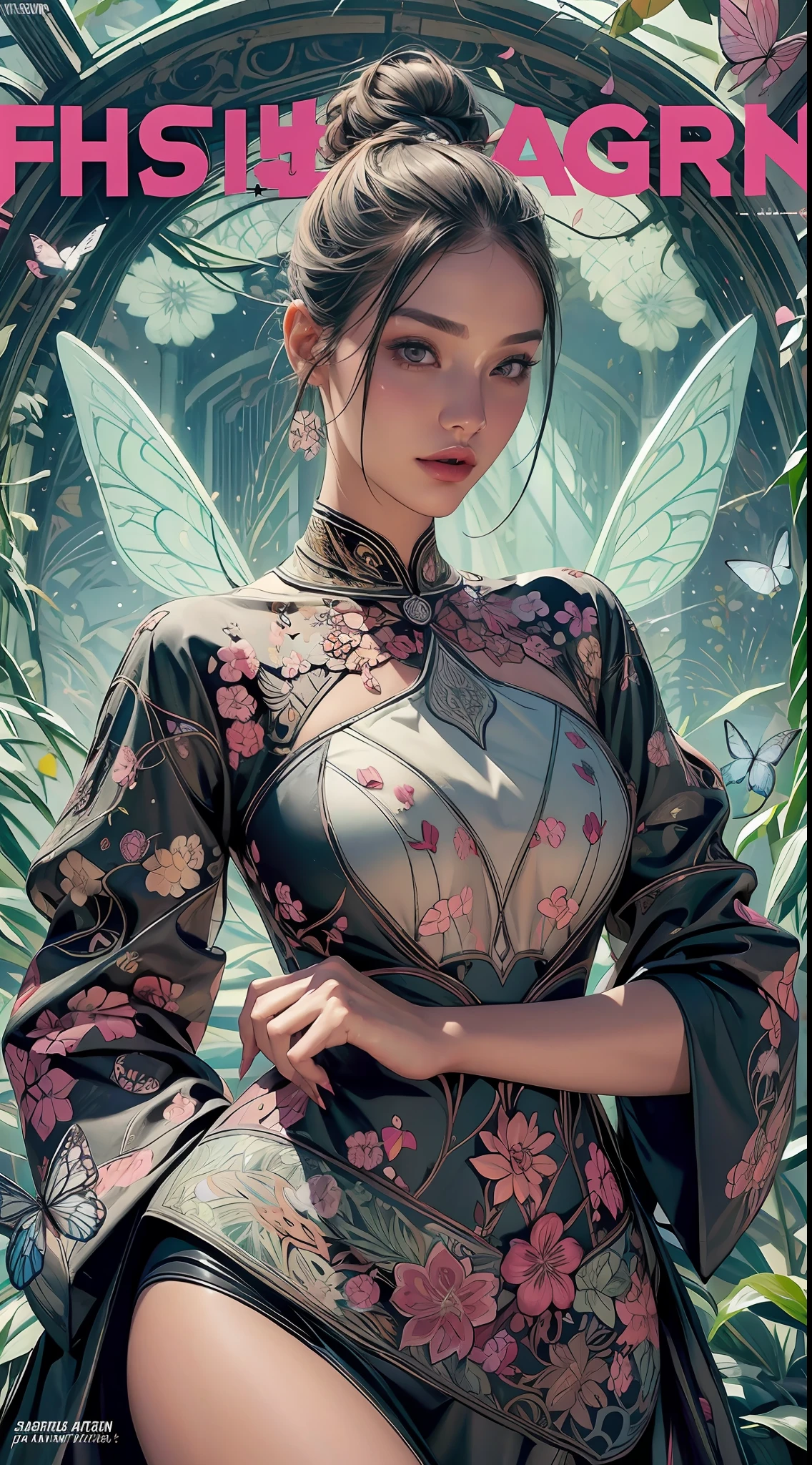 (обложка модного журнала:1.2),абстрактные формы, острый и подробный, (1 красивая девушка), мандалы, бабочки, (потрясающий визуальный дизайн:1.2)