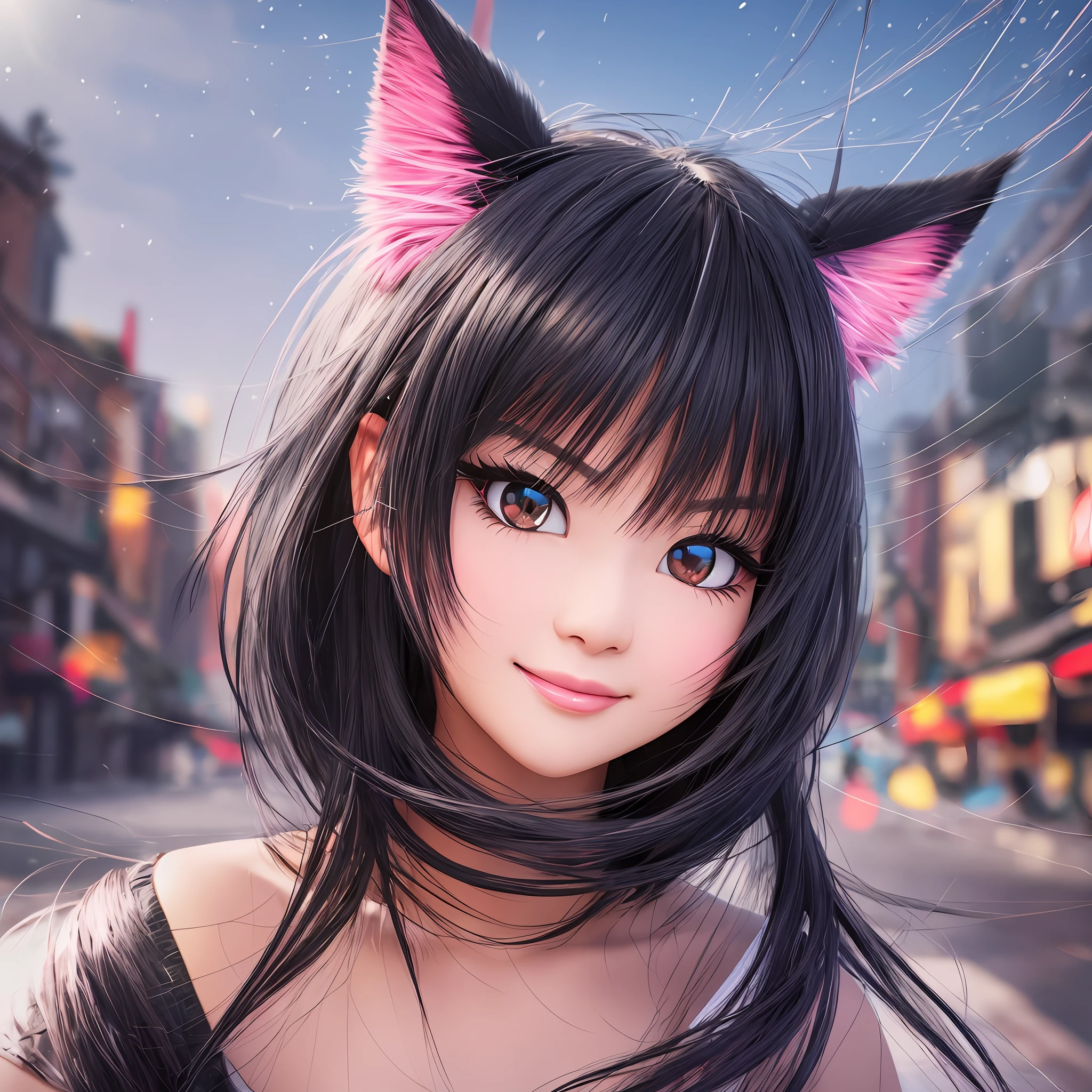 black hair, hair bobbles, wince, longeyelashes, solid circle eyes, fake animal ears, light smile, ear blush, fang, Surrealism, drop shadow, anaglyph, stereogram, tachi-e, pov, atmospheric perspective, 8k, super detail, ccurate, best quality --auto --s2