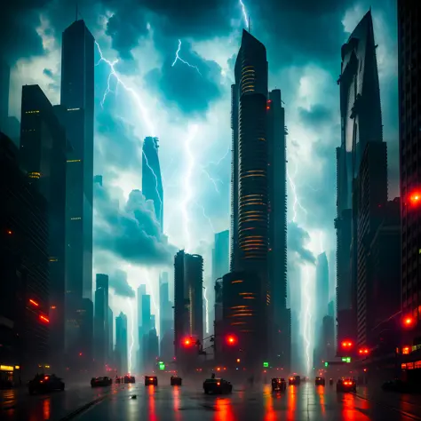 Post apocalyptic scenario,blade runner, year 2053, skyscrapers, spaceships flying, light drizzle, smoke, wet sidewalk,gloomy, ae...