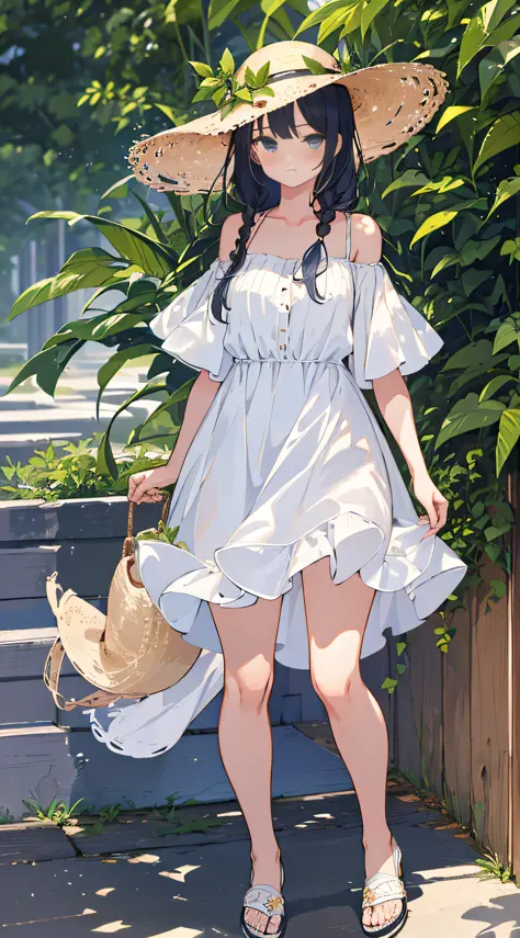 masterpiece, superb 1girl, solo, side_braidstreet, plant, (white dress), skirt, off-the-shoulder dress, bare shoulder, straw hat...