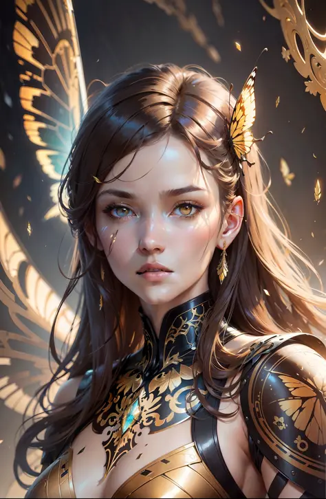 8k portrait of a beautiful cyborg with brown hair, intricate, elegant, highly detailed, majestic, digital photography, art by artgerm and ruan jia and greg rutkowski surreal filigree golden butterfly painting, broken glass (masterpiece, side lighting, beau...