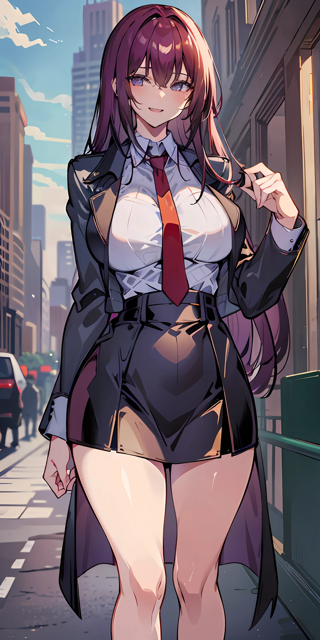 (Masterpiece: 1.6, Best Quality), (Fine and Beautiful Eyes: 1.2), (Overhead), High Quality, Beautiful Face, 1girl, Leather Tight Skirt, Oversized Leather Jacket, Big , Long Hair, Wide Hips, (Landscaped), Street, Background, Detail Background, Spooky Smile, Angled Laughter at the Corners of Mouth, Long Coat, Shirt, Tie, Office Lady,