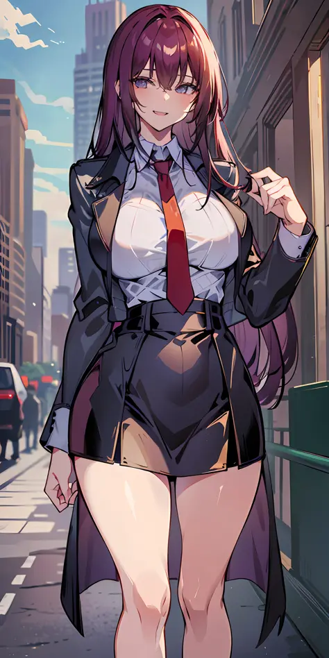 (Masterpiece: 1.6, Best Quality), (Fine and Beautiful Eyes: 1.2), (Overhead), High Quality, Beautiful Face, 1girl, Leather Tight Skirt, Oversized Leather Jacket, Big Tits, Long Hair, Wide Hips, (Landscaped), Street, Background, Detail Background, Spooky Sm...