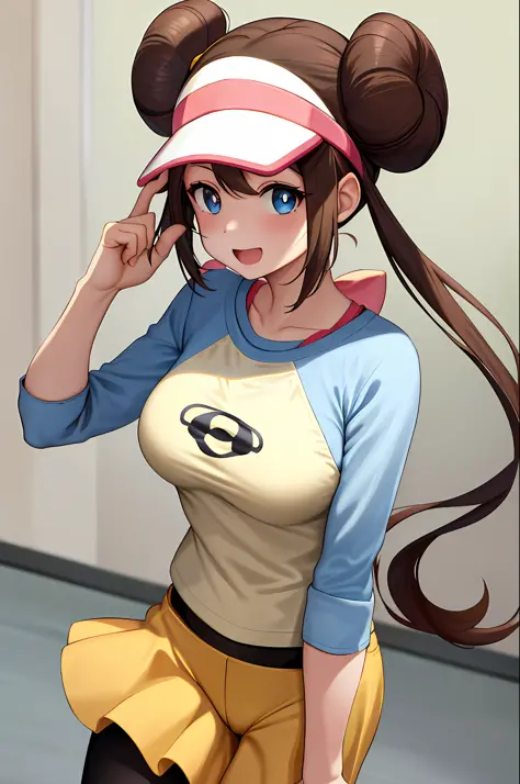 masterpiece, best quality, highres, ro1, hair bun, blue eyes, twintails, visor cap, pantyhose, raglan sleeves, yellow shorts, sh...