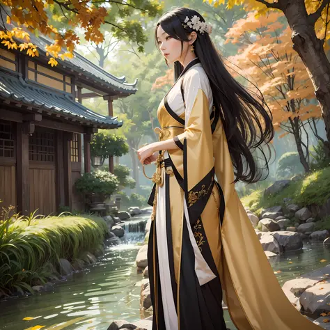Chinese Female with black hanfu and white trim, gold waist band, black hair flowing