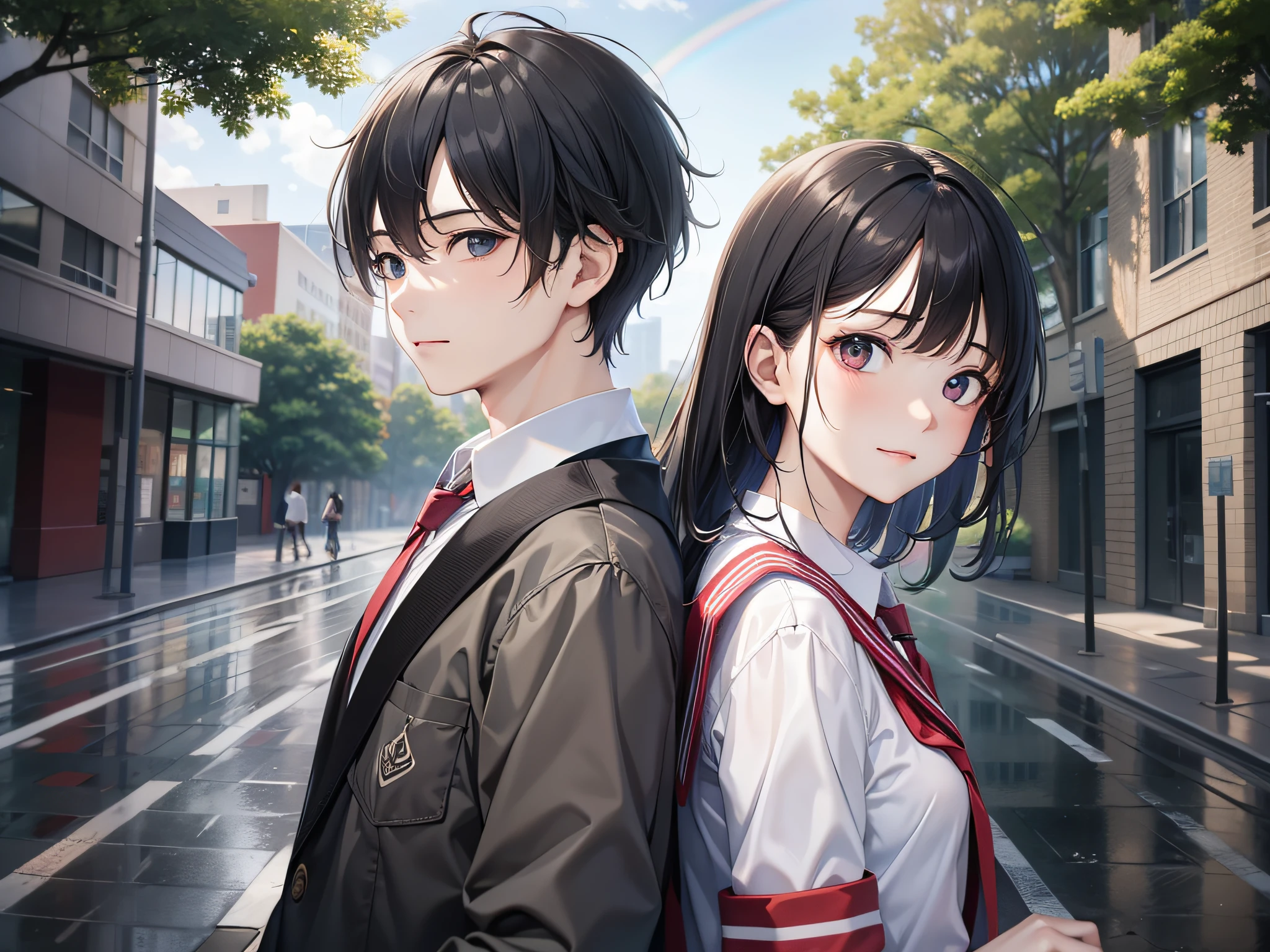 a female and a male, they are two students, wearing school uniform, , rainny, around school, trees are beside the road, poddle of water reflectiing these two people, reflecting, a rainbow is on the sky, polar opposites, symmetry, panorama, perspective, ray tracing, reflection light, depth of field, close-up, masterpiece, best quality, high details, high quality, textured skin, ccurate, UHD, HD