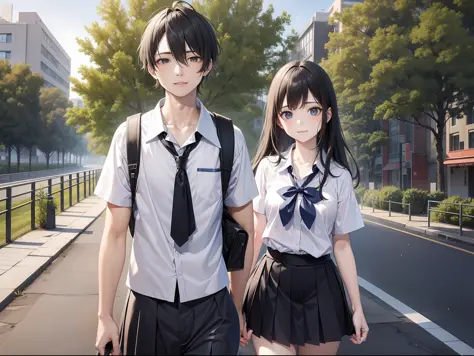 a female and a male, they are two students, wearing school uniform, lonely, rainny, around school, trees are beside the road, po...