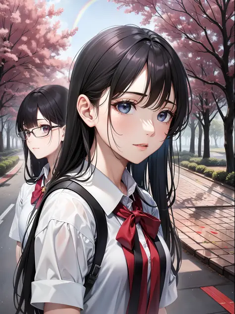 a female and a male, they are two students, wearing school uniform, lonely, rainny, around school, trees are beside the road, po...